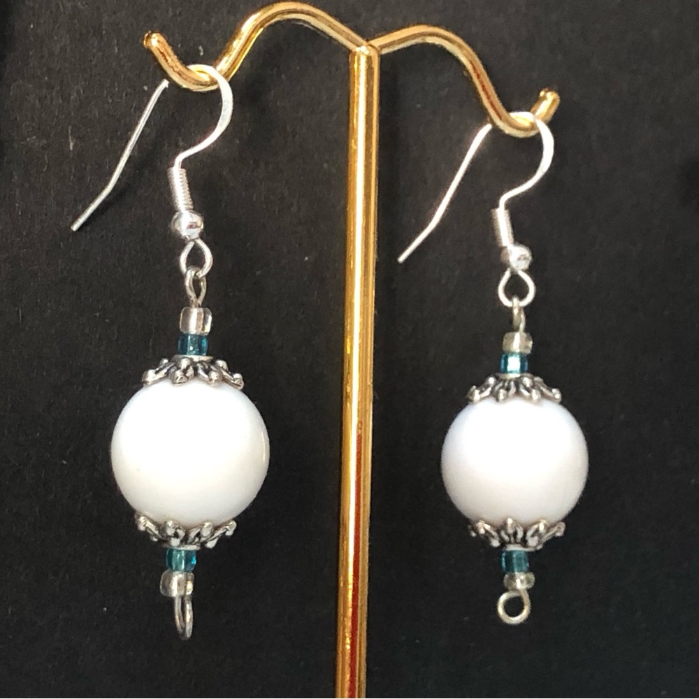 HAND CRAFTED Upcycled Blue White Silver Necklace earring set Feminine Delicate - Picture 3 of 14